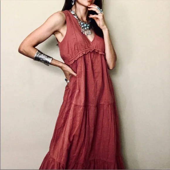 Rachel Zoe Boho V-neck Sleeveless Tiered Maxi Cotton Dress szS - Picture 5 of 13